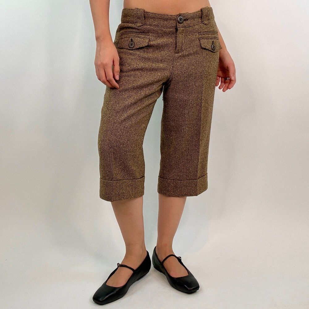Vintage 2000s Ann Taylor Brown Tweed Low Rise Wool Capri Preppy Retro Size 6P